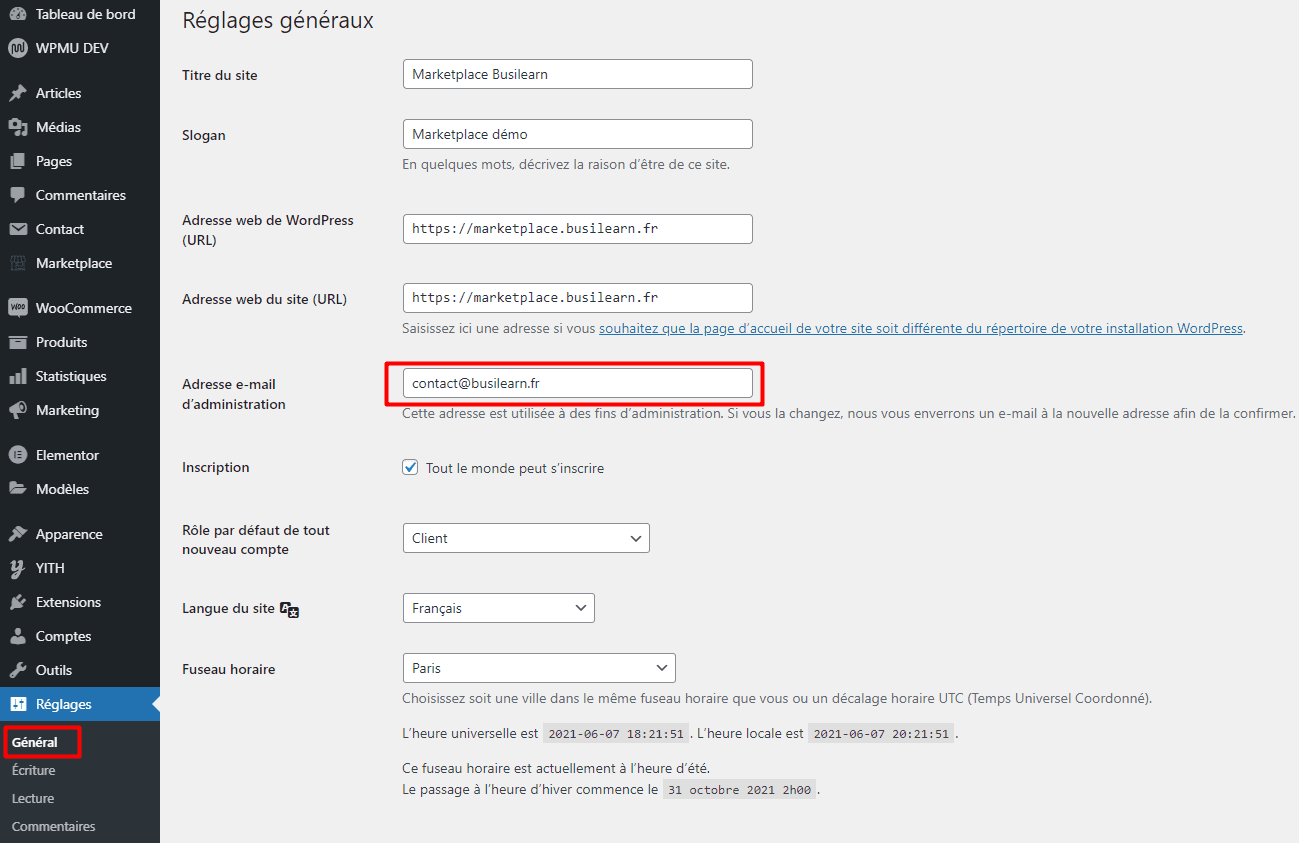Etape #1 : Changement des adresses mails 1 Réglage email général Marketplace