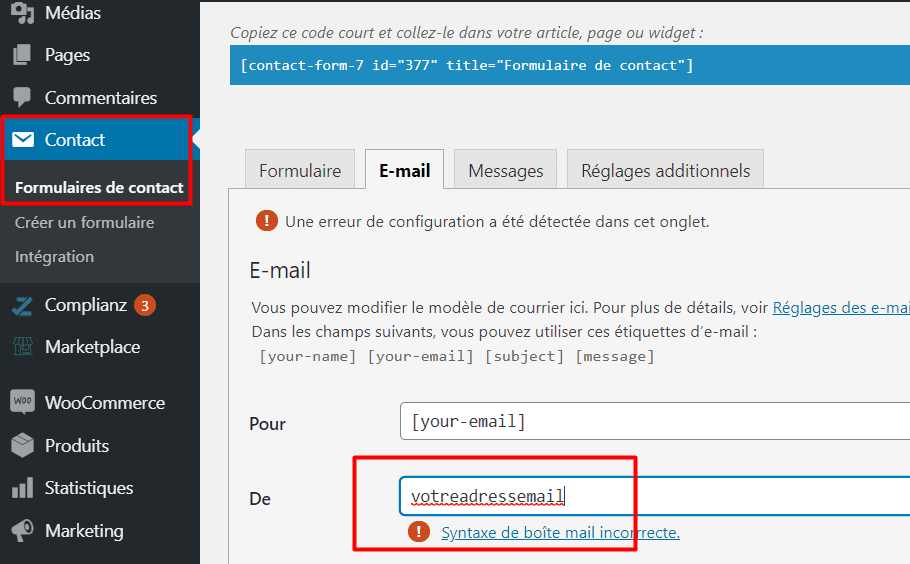 Etape #1 : Changement des adresses mails 7 contact form