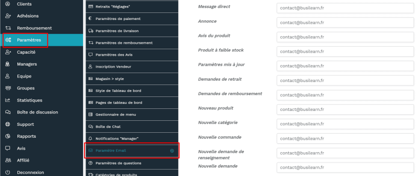 Etape #1 : Changement des adresses mails 5 emails wcfm