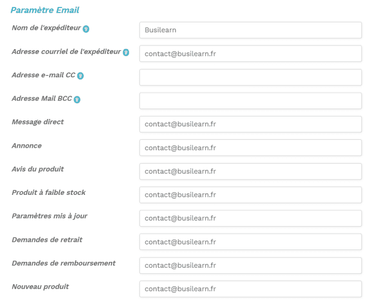 Etape #1 : Changement des adresses mails 6 liste mails wcfm