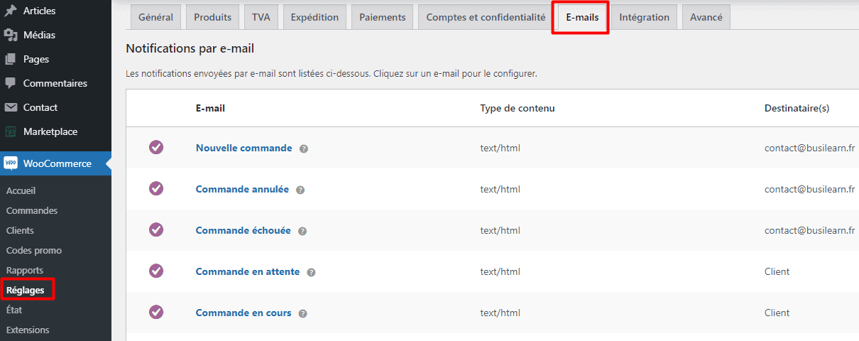 Etape #1 : Changement des adresses mails 2 emails woocommerce
