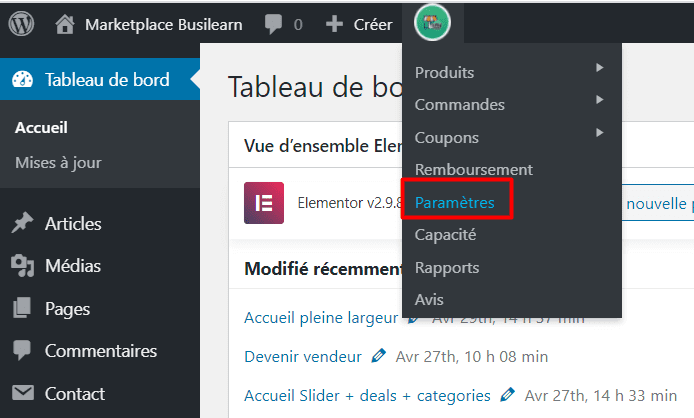Etape #1 : Changement des adresses mails 4 Paramètres wcfm